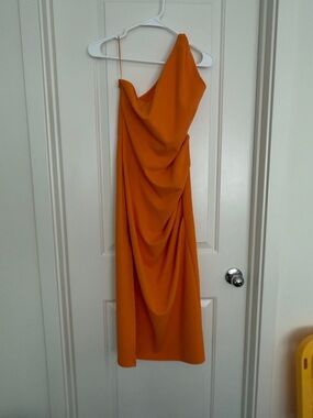 One-Shoulder Orange Draped Midi Dress